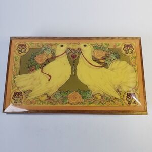 Vintage Reuge Swiss Musical Movement Lefton Jewelry Box Glossy Wood with Doves